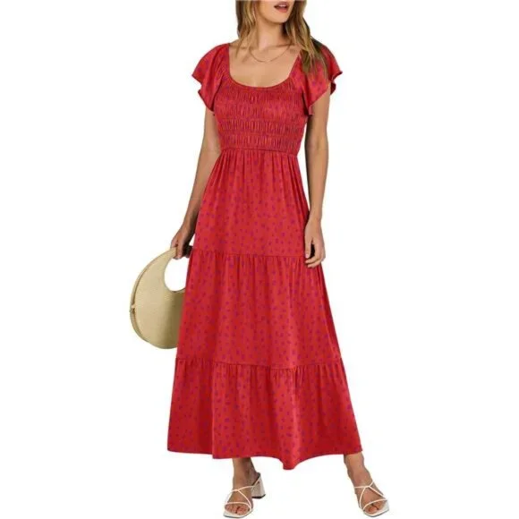 Dresses | Womens Summer Casual Maxi Dress Flutter Sleeve Scoop Neck Smocked  Tiered Dress | Poshmark
